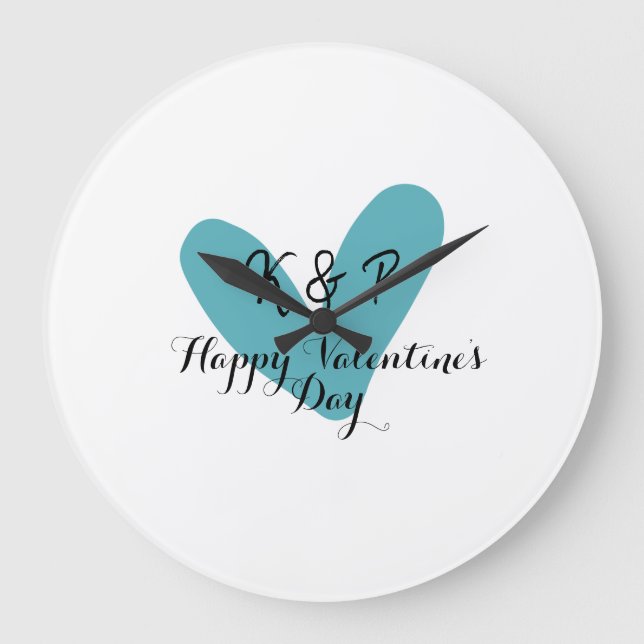 Relógio Grande Happy Valentine's day turquoise heart name letter  (Frente)