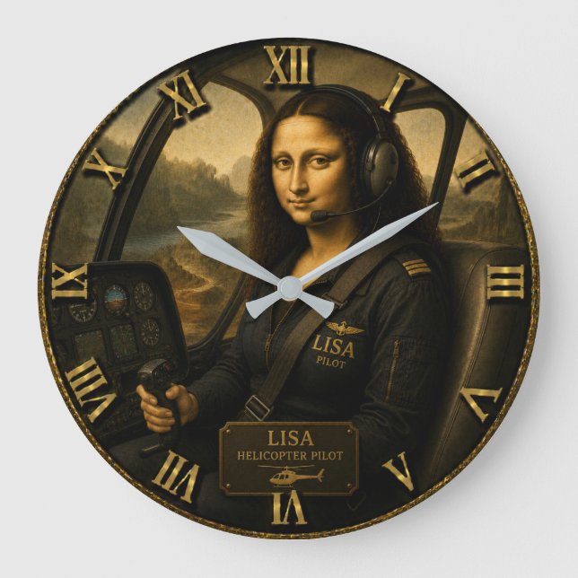 Relógio Grande Helicopter Pilot Funny Mona Lisa Aviation Gift (Frente)
