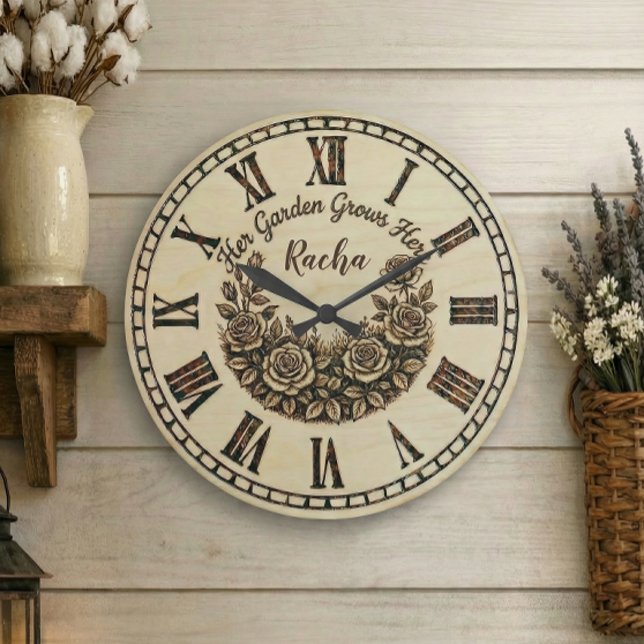 Relógio Grande Her Garden Grows Here | Custom Name wall clock  (Criador carregado)