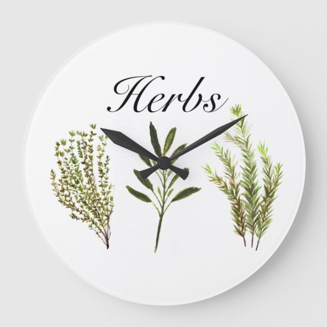 Relógio Grande Herbos Por Aquarelas Thyme Rosemary Sage Plant Pot (Frente)