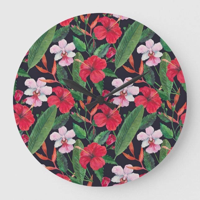 Relógio Grande hibisco vermelho, orquídeas, aquarela tropical. (Frente)
