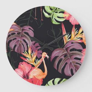 Relógio Grande Hibiscus, Flamingos, Padrão Tropical Watercolor.