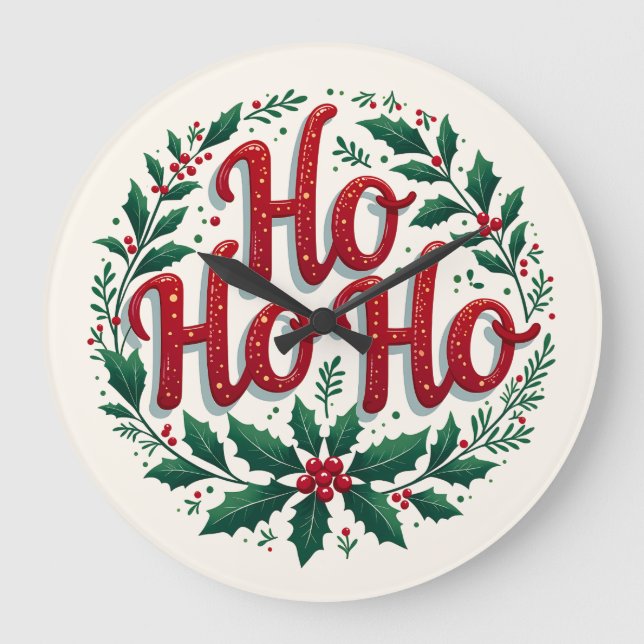 Relógio Grande Ho Ho Ho Christmas Wreath Typography Design (Frente)
