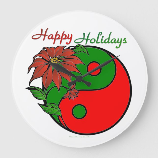 Relógio Grande Holiday Yin Yang Poinsettia Green Red (Frente)