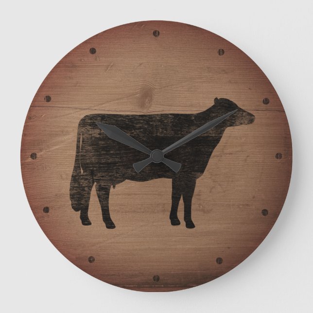 Relógio Grande Holstein Cow Silhouette Faux Weathered Wood Rustic (Frente)