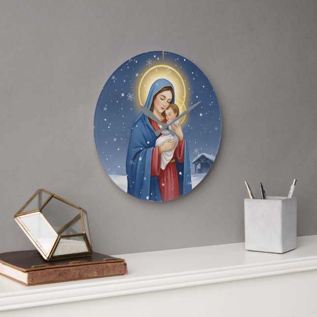 Relógio Grande Holy Mother Mary and Baby Jesus Wall Clock (Escritório)