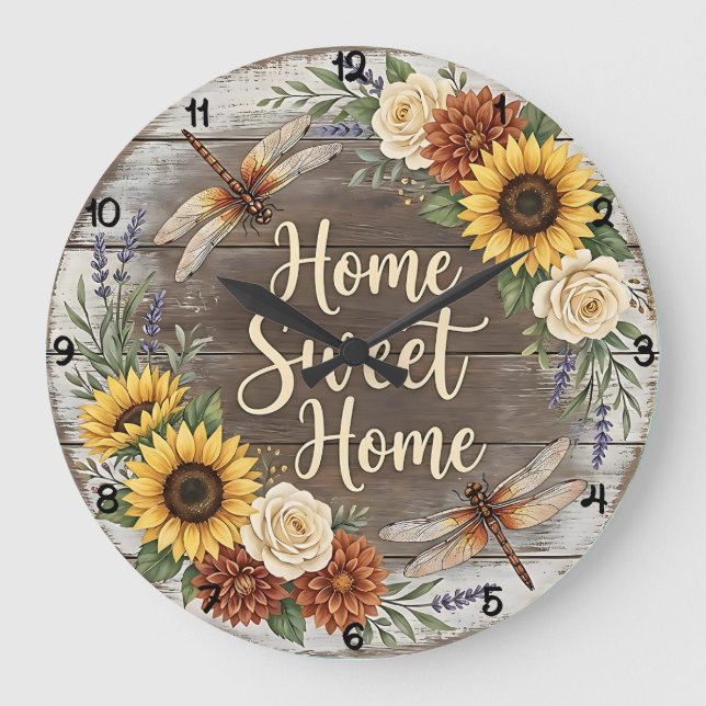 Relógio Grande Home Sweet Home Dragonfly Floral (Frente)