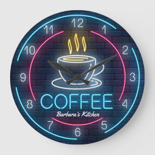 Relógio Grande Hora do Café Faux Neon Personalizável Wall Clock