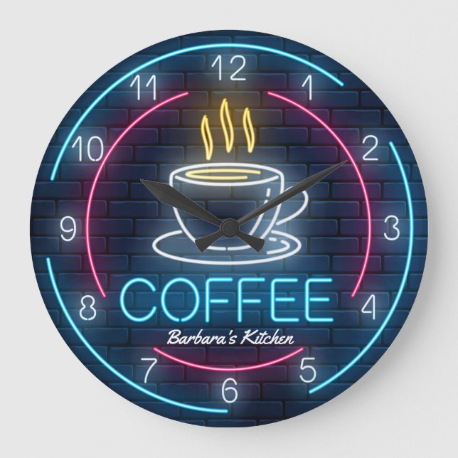 Relógio Grande Hora do Café Faux Neon Personalizável Wall Clock (Frente)