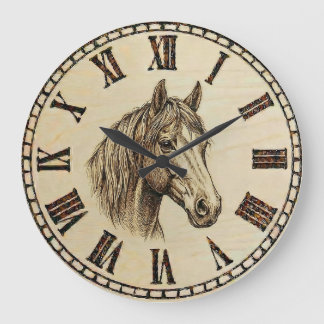 Relógio Grande Horse Wood Burned Wall Clock