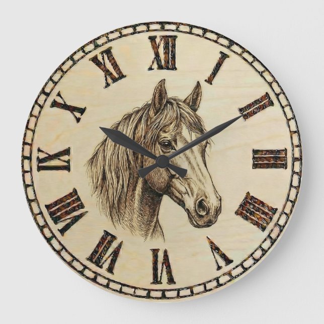 Relógio Grande Horse Wood Burned Wall Clock (Frente)