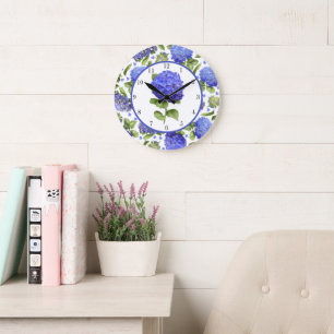 Relógio Grande Hortênsias Azuis Arte Botânica Floral