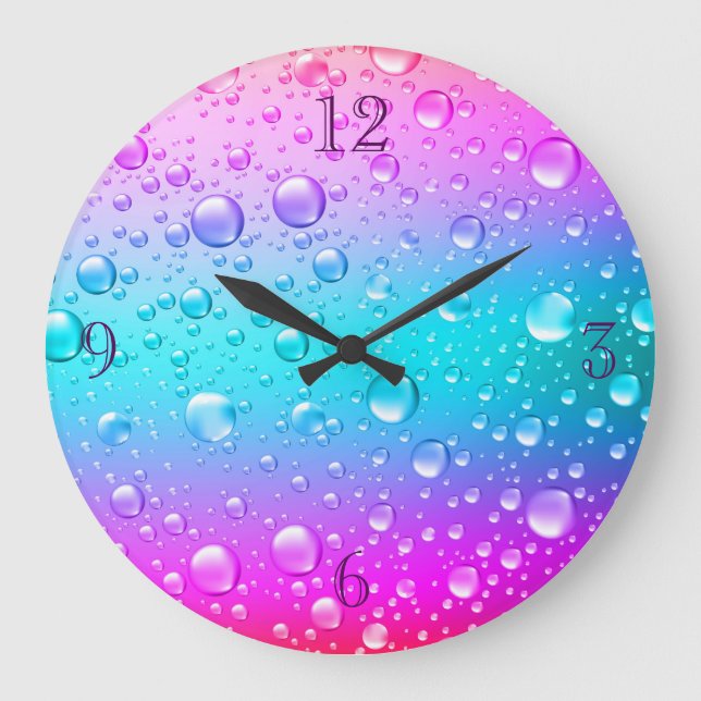 Relógio Grande Hot Pink & Aqua Blue Gradient Water Droplets (Frente)