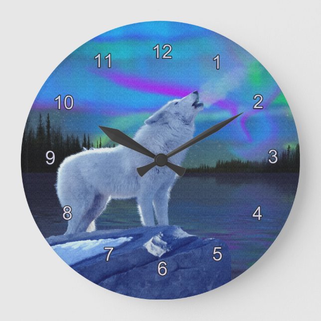 Relógio Grande Howling Wolf & Aurora Wildlife Art Clock (Frente)