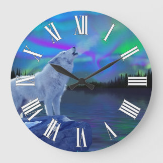Relógio Grande Howling Wolf & Aurora Wildlife Art Clock