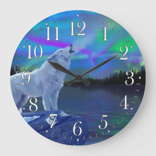 Relógio Grande Howling Wolf & Aurora Wildlife Art Clock