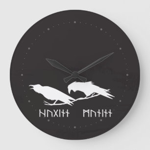 Relógio Grande Huginn e Muninn Corvos Viking Nórdicos Tinta