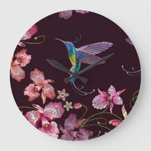 Relógio Grande Hummingbird e orquídea, moda sem costura tropical.