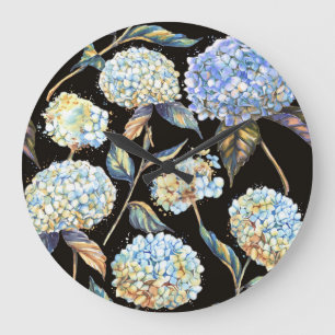 Relógio Grande Hydrangea Watercolor Azul: Padrão Escuro Sem Costu