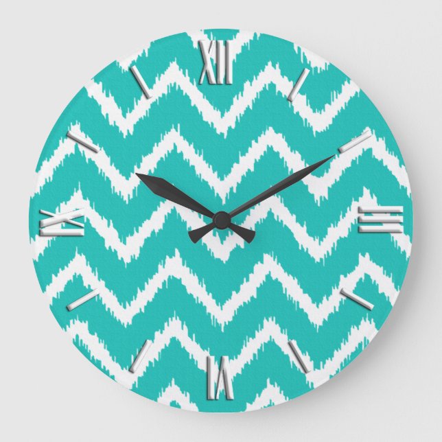 Relógio Grande Ikat Chevrons - Turquesa e branca (Frente)