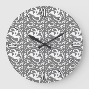 Relógio Grande Ikat Floral Damask - Cinza e Branco