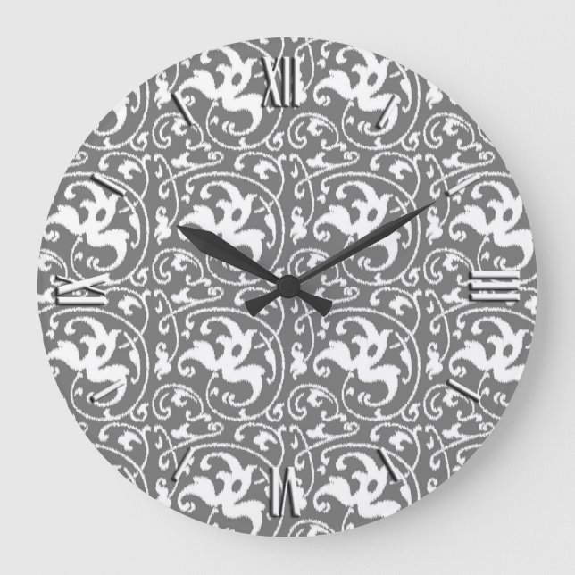 Relógio Grande Ikat Floral Damask - Cinza e Branco (Frente)