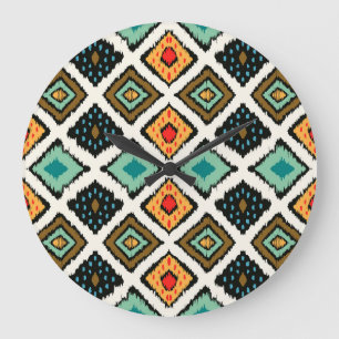 Relógio Grande Ikat geométrico, textura tribal folclórica.