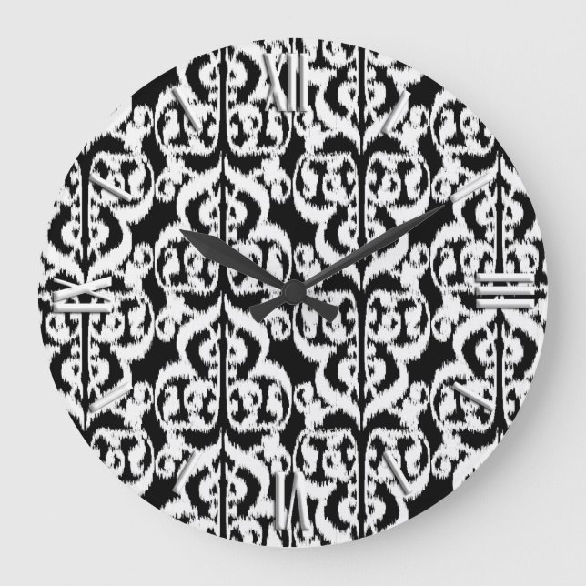 Relógio Grande Ikat Moorish Damask - branco e preto (Frente)
