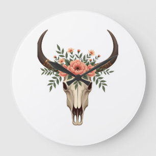 Relógio Grande Ilustração Botânica Ocidental Boho Crânio de Touro