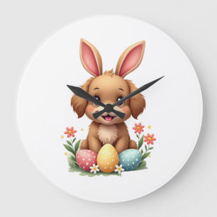 Relógio Grande Ilustração de cachorro coelho da Páscoa vintage co