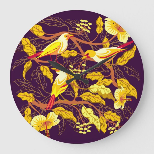 Relógio Grande Ilustração de Flores Exóticas de Aves Tropicais (Frente)