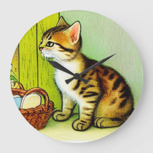 Relógio Grande Ilustração de Gato de Tabby de Vintage