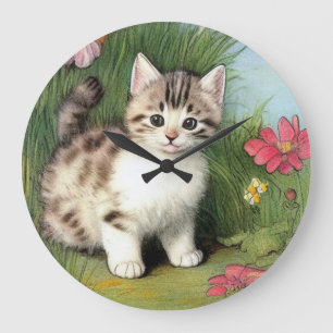 Relógio Grande Ilustração de Gato Vintage com Flores Vermelhas