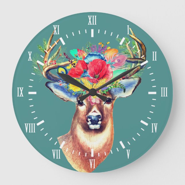 Relógio Grande Ilustração dos Antiguadores Trendy Floral Deer (Frente)
