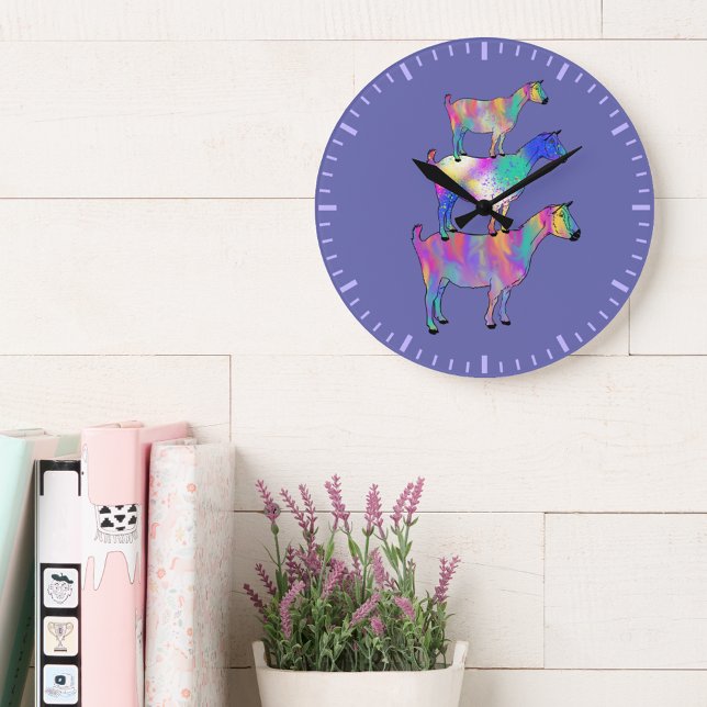 Relógio Grande Ilustração fofa colorida (Cute goats colorful farm animal art purple wall clock)