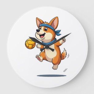 Relógio Grande Ilustração Vintage de Corgi Jogando Volei Cachorro