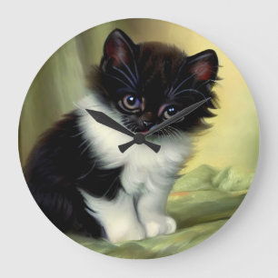 Relógio Grande Ilustração Vintage Tuxedo Kitten