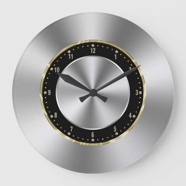 Relógio Grande Imagem do Shiny Faux Silver-Cinza Stainless Steel (Frente)