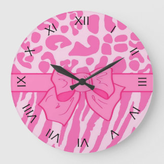 Relógio Grande Impressão animal e Arco-menina, zebra rosa-branca,