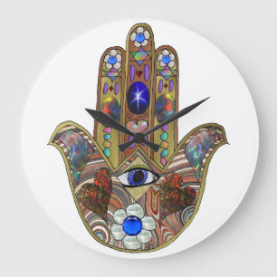 Relógio Grande Impressão de Arte Opala Hamsa Judaica Corações Flo