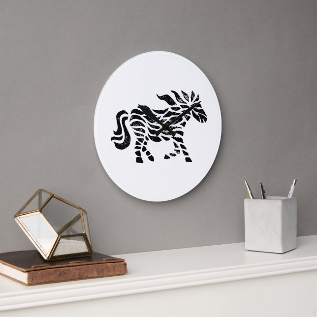 Relógio Grande Impressão de Bloco de Madeira de Cavalo em abstrat (Escritório)