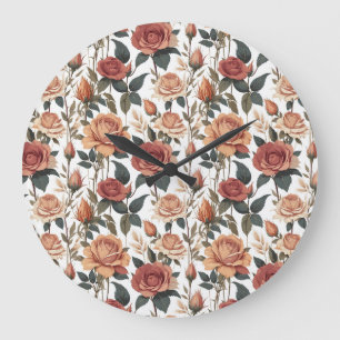 Relógio Grande Impressão Flor Rosa Vermelha Flor Vintage Rústica