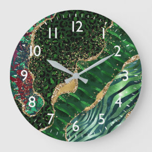 Relógio Grande Impressão Verde Safari Animal Faux Glitat Agate
