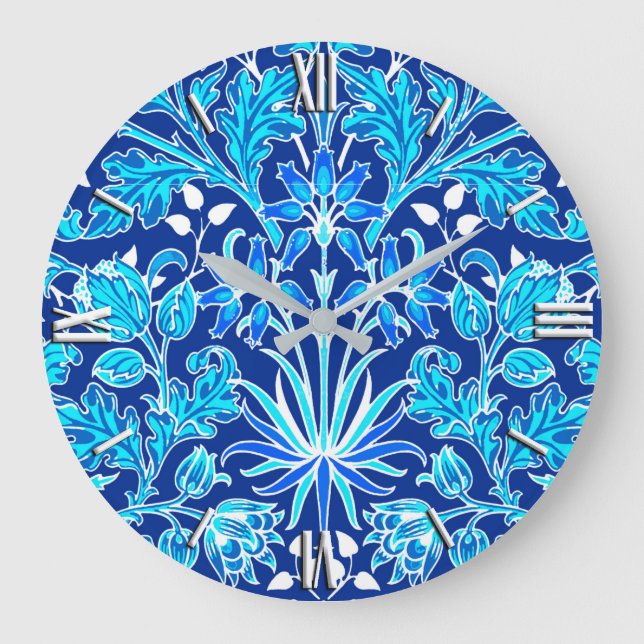 Relógio Grande Impressão William Morris Hyacinth, Marinho e Azul  (Frente)