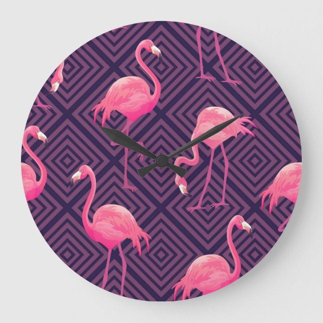 Relógio Grande Inflamingos, fundo geométrico roxo. (Frente)
