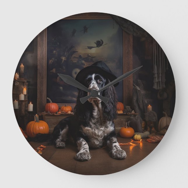 Relógio Grande Inglês Cocker Spaniel Pumpkins Halloween Assustado (Frente)