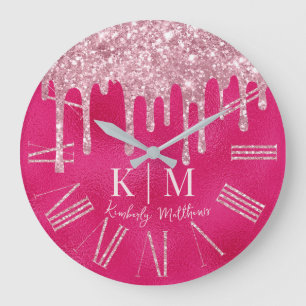 Relógio Grande Iniciais Monograma Brilhantes Rosa Glamouroso