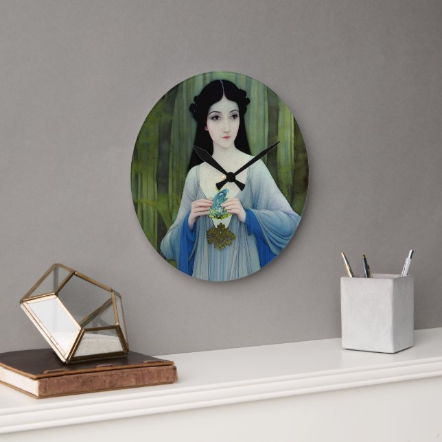 Relógio Grande Ink Wash Ilustração de Linda Mulher em Florestas (Escritório)