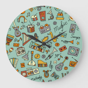 Relógio Grande Instrumentos musicais, padrão de esboço vintage.