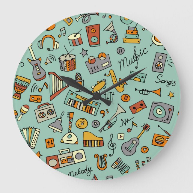 Relógio Grande Instrumentos musicais, padrão de esboço vintage. (Frente)